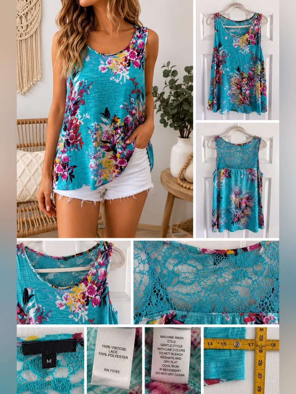 Cable & Gauge Floral Tank Top SZ M Aqua Crochet Lace Back Sleeveless Boho Beach